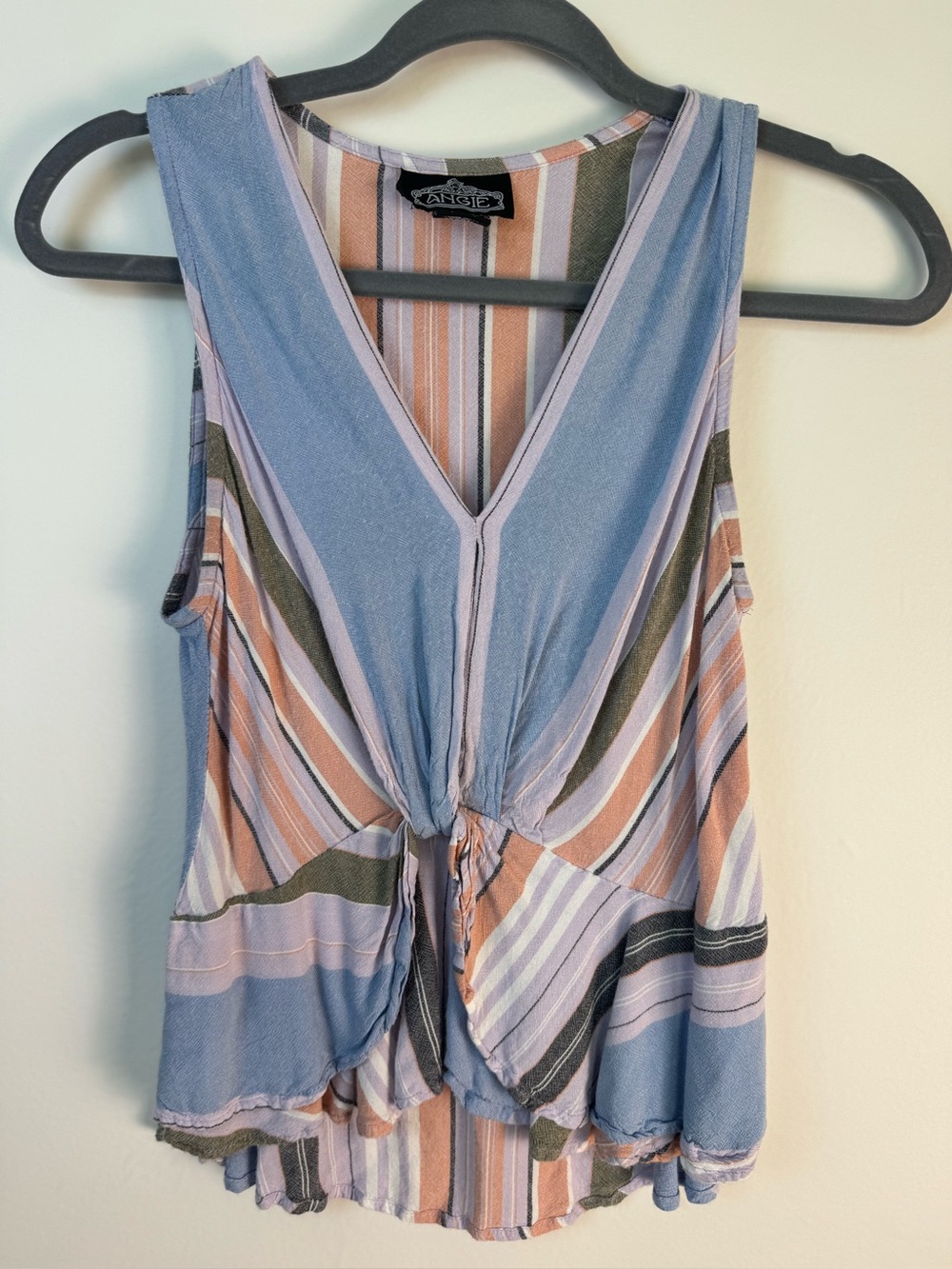 Angie Boho Striped Sleeveless Tank Top Medium Blue Peach Tie Front V-Neck Flowy